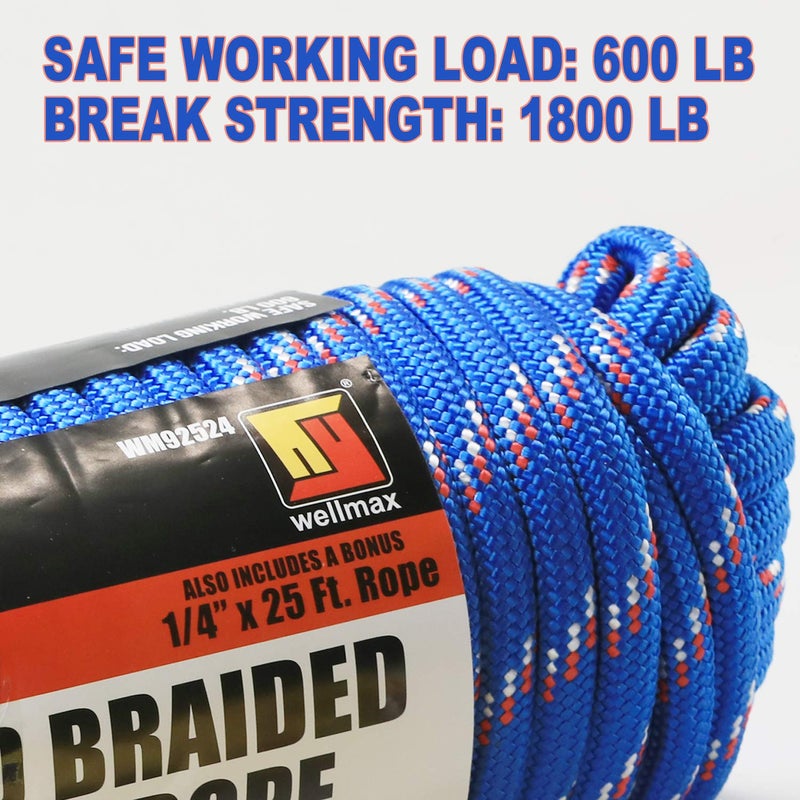 Wellmax Diamond Braid Nylon Rope, 1/2in X 100FT with Bonus 1/4in x25FT Cord UV Resistant, High Strength and Weather Resistant - Image 2